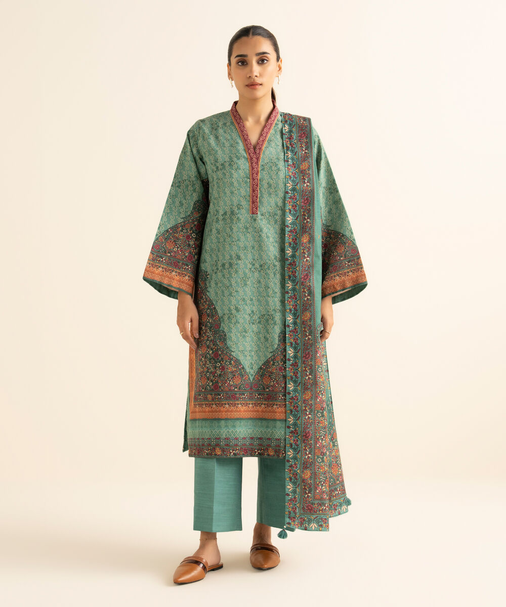 Women's Unstitched Cotton Printed Green 3 Piece Suit