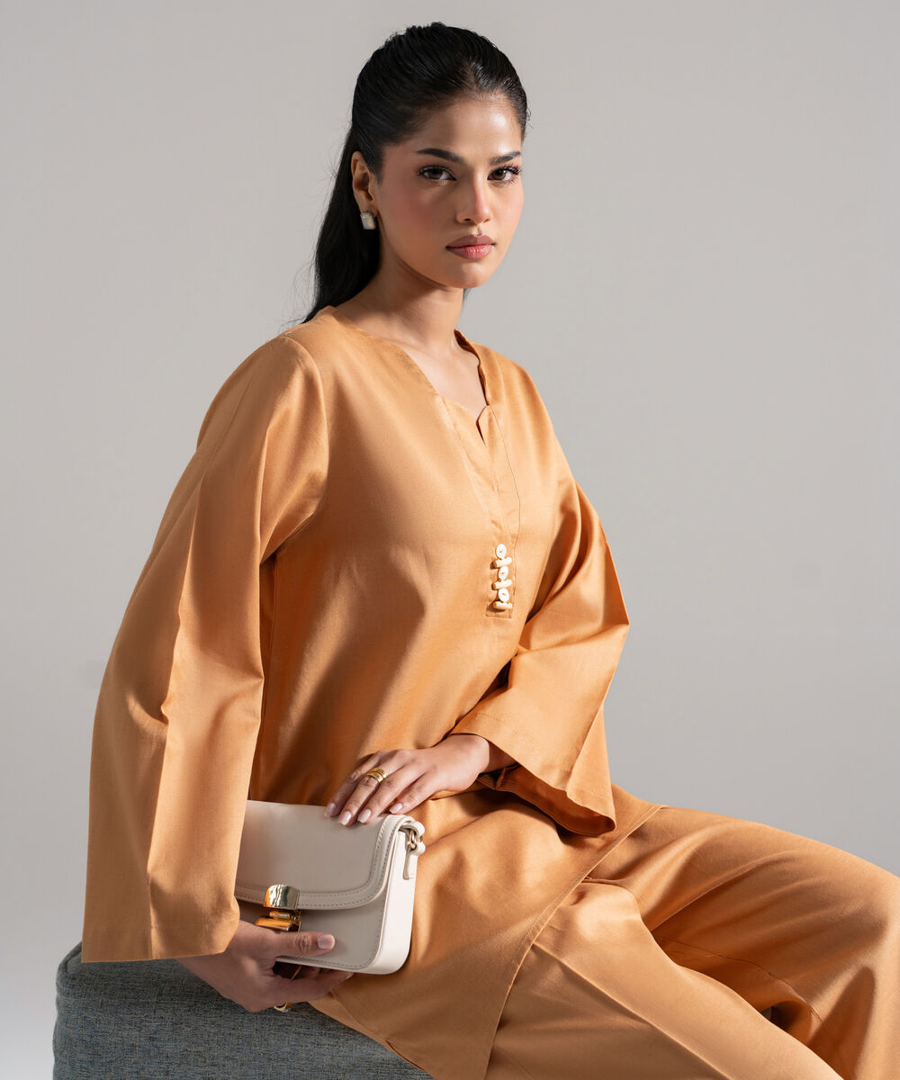 Women's RTW Cotton Linen Solid Orange 2 Piece Suit