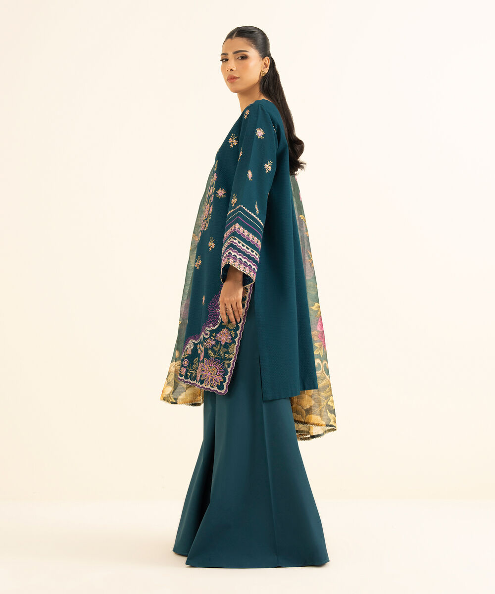 Women's Unstitched Dobby Embroidered Blue 3 Piece Suit