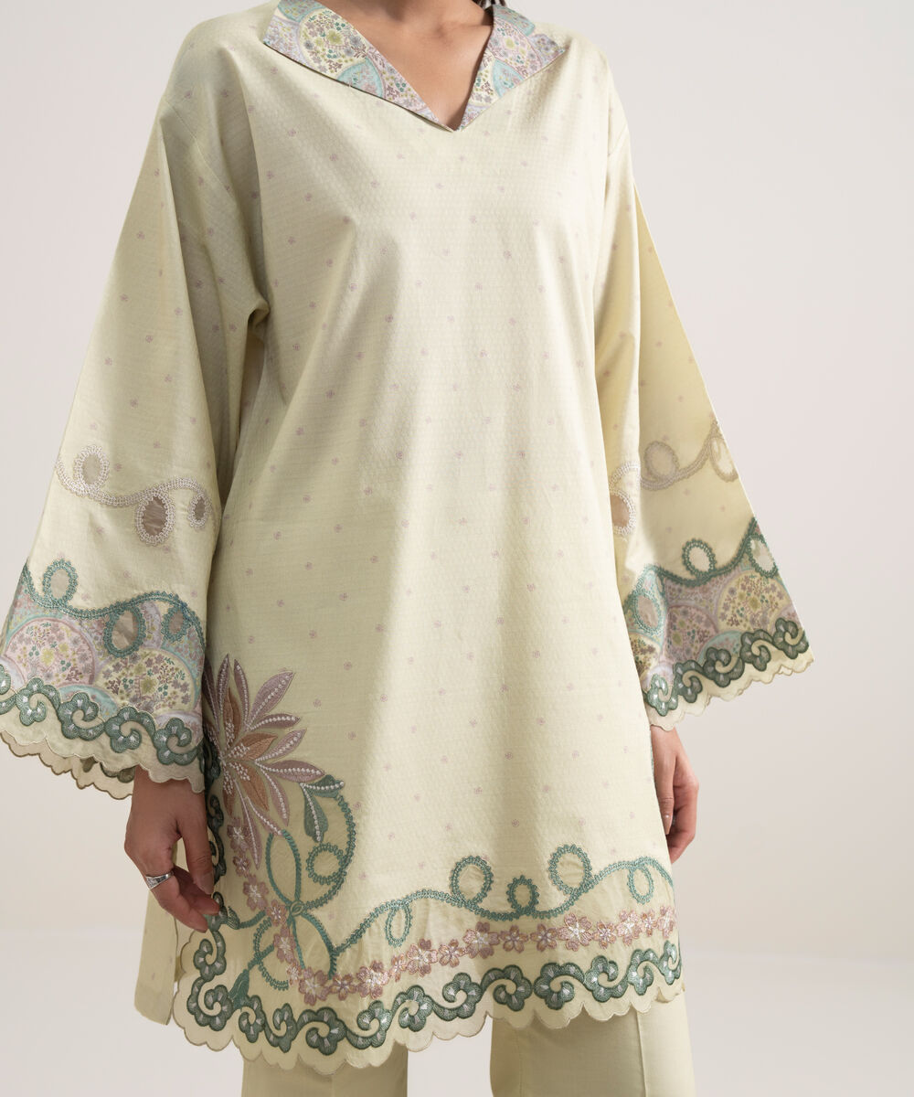 Women's Unstitched Dobby Embroidered Light Yellow 3 Piece Suit