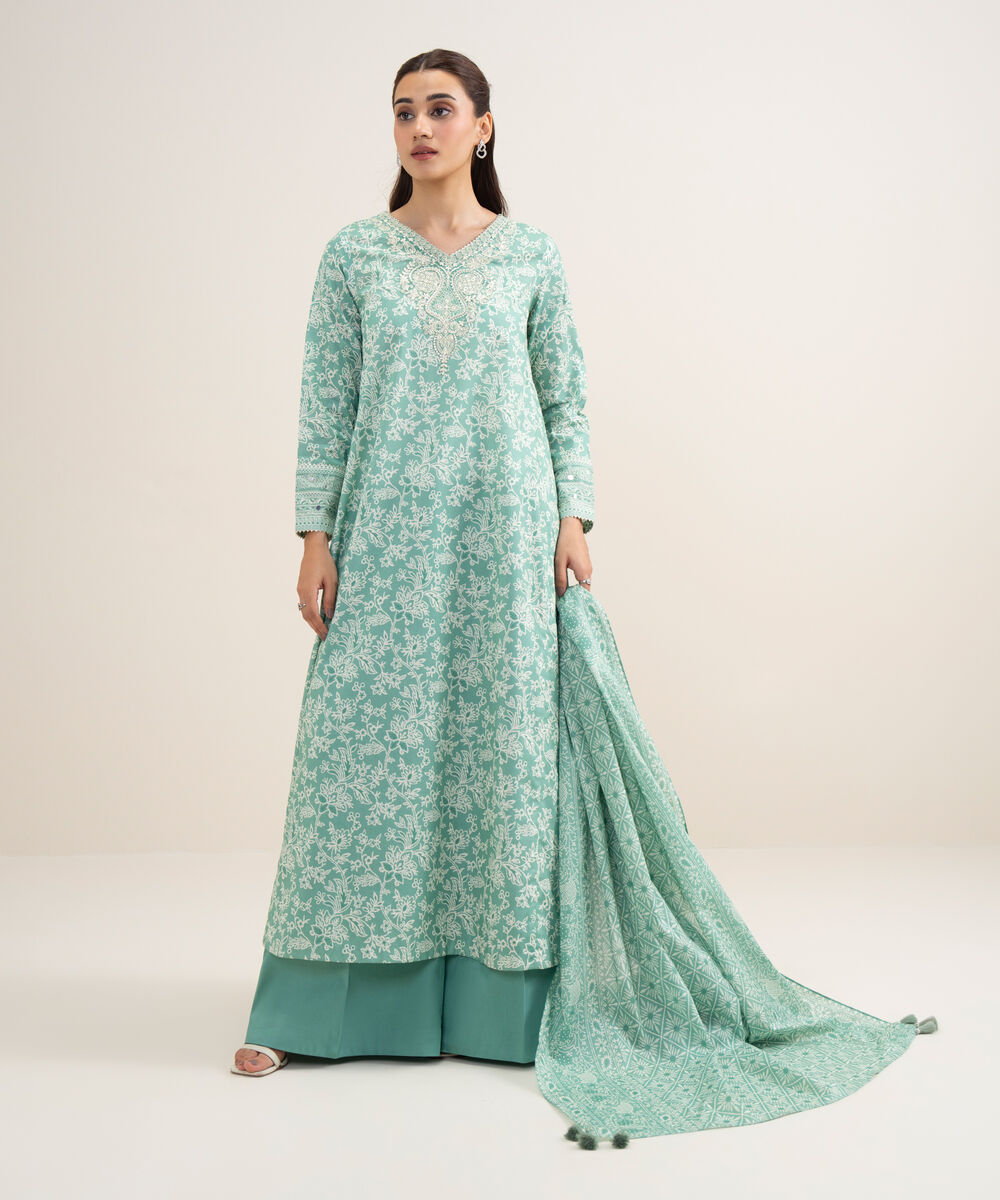 Women's Unstitched Lawn Embroidered Aqua Green 3 Piece Suit