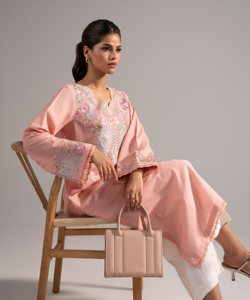 Women's RTW Zari Lawn Embroidered Pink A-Line Shirt