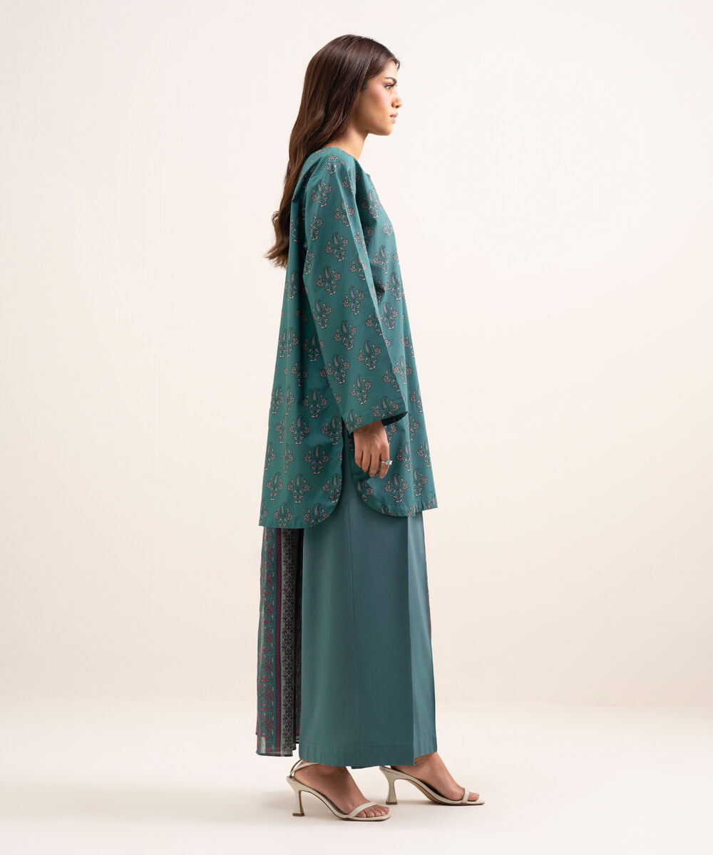 Women's RTW Cambric Printed Green 3 Piece Suit