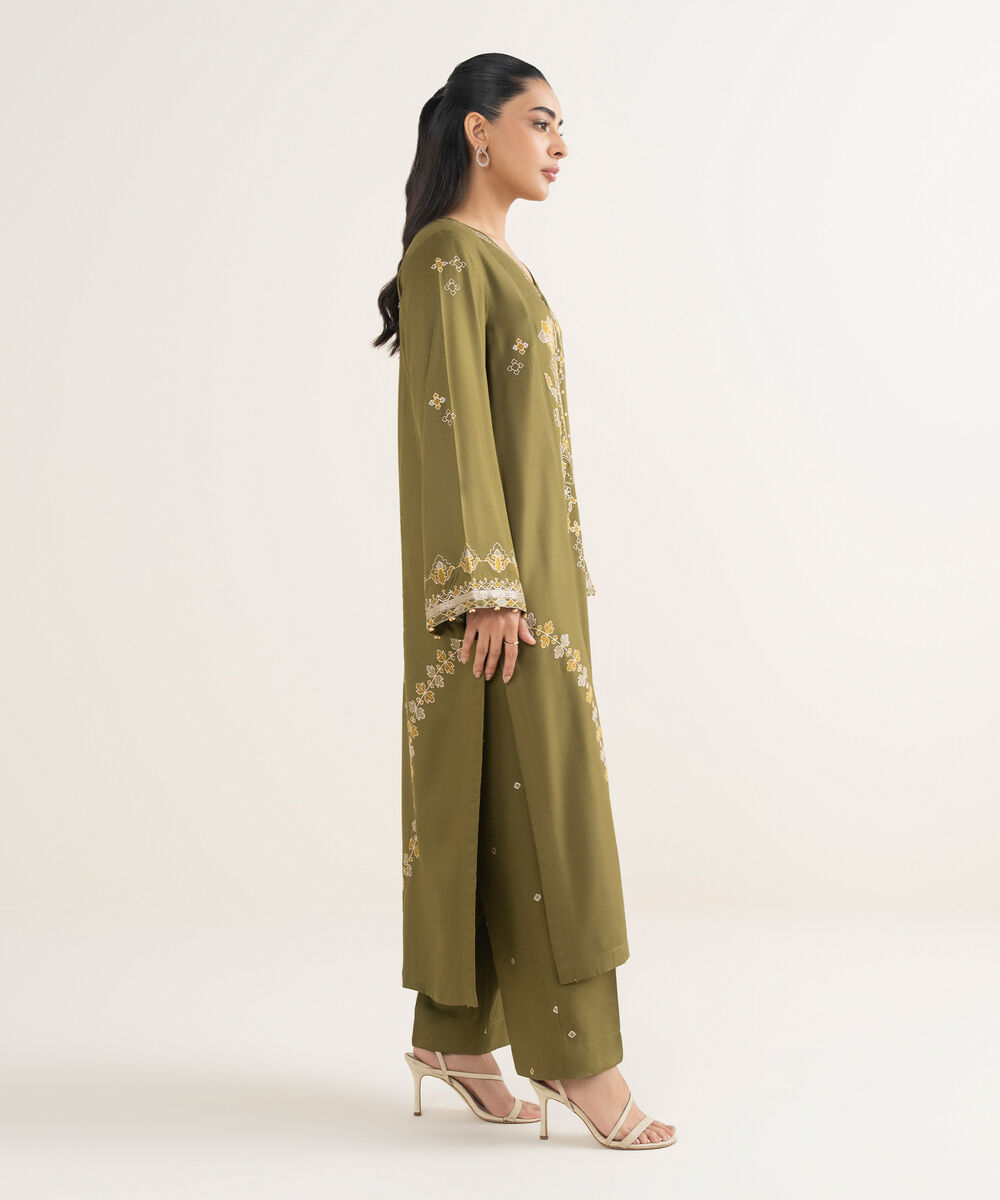 Women's RTW Viscose Marina Embroidered Green A-Line Shirt
