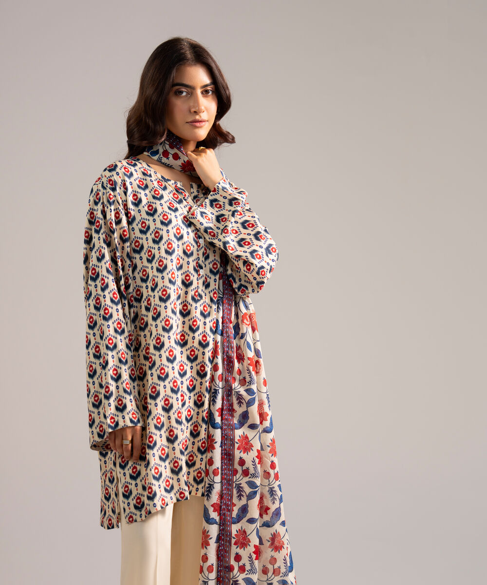 Women's RTW Arabic Lawn Printed Off White 3 Piece Suit