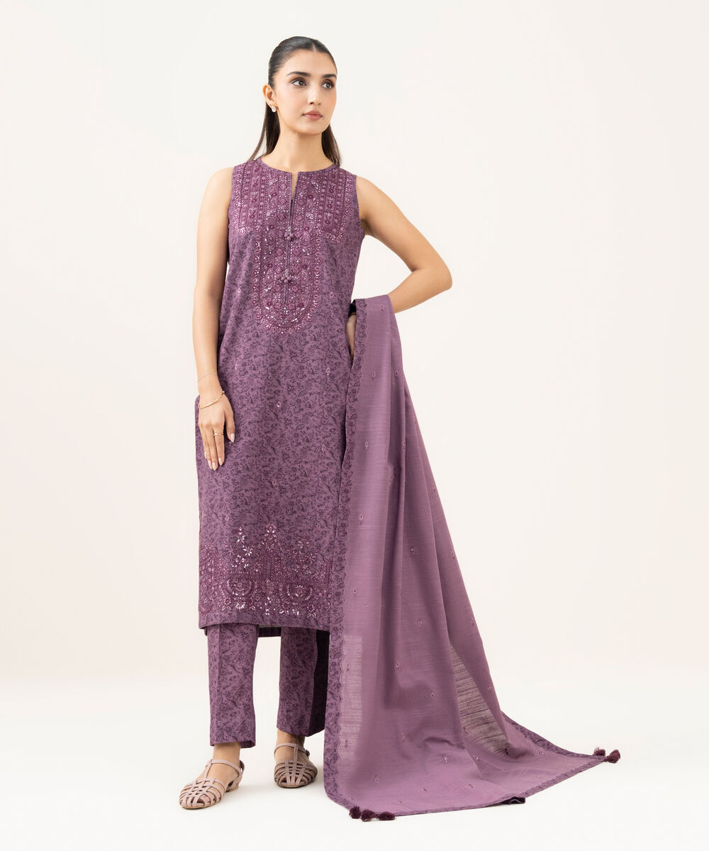 Women's Unstitched Embroidered Khaddar Purple 3 Piece Suit