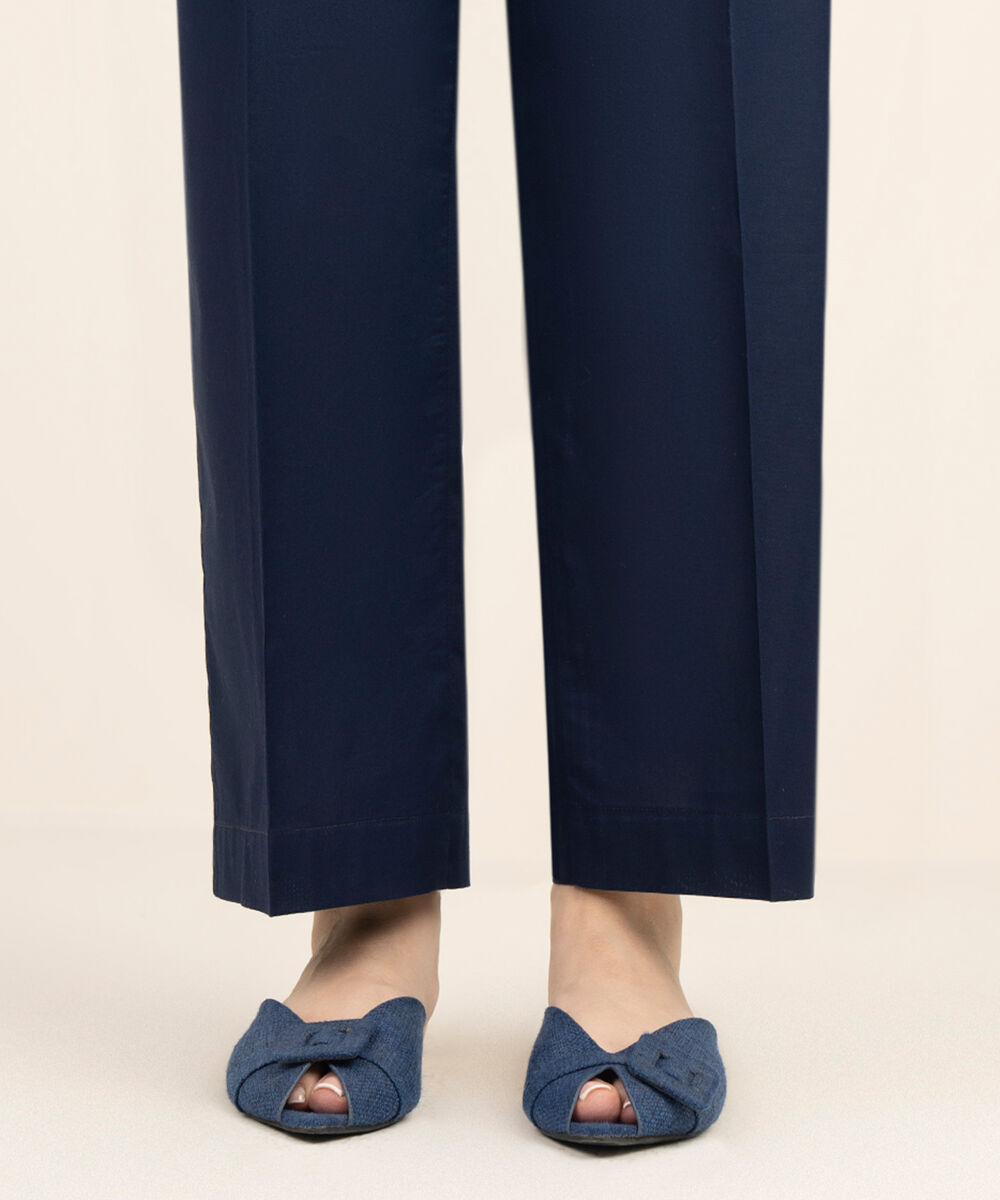 Women's RTW Cambric Solid Blue Straight Pants