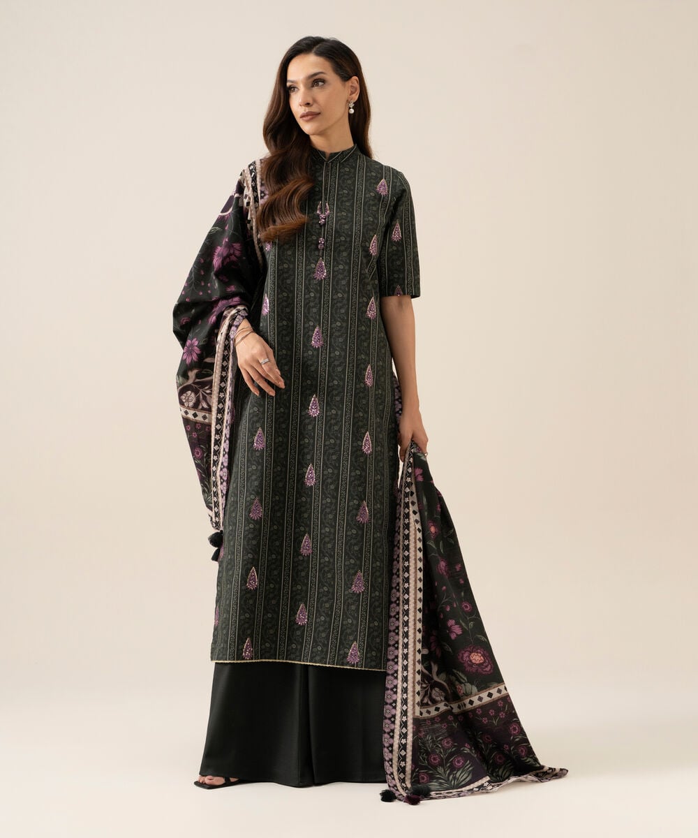 Women's Unstitched Light Khaddar Embroidered Black 3 Piece Suit