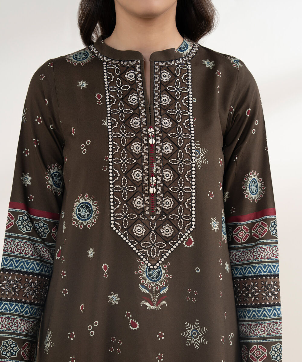 Women's Unstitched Light Linen Printed Brown 3 Piece Suit