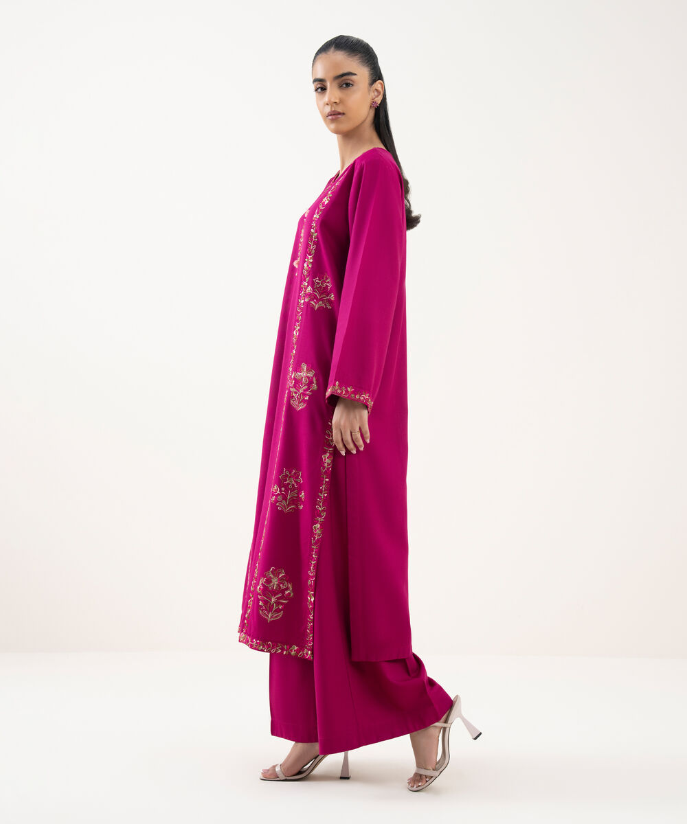 Women's RTW Cotton Viscose Embroidered Pink A-Line Shirt