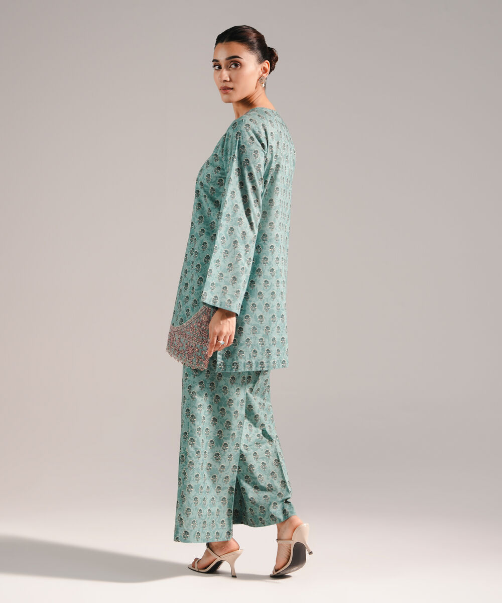 Women's RTW Slub Lawn Embroidered Blue Straight Shirt