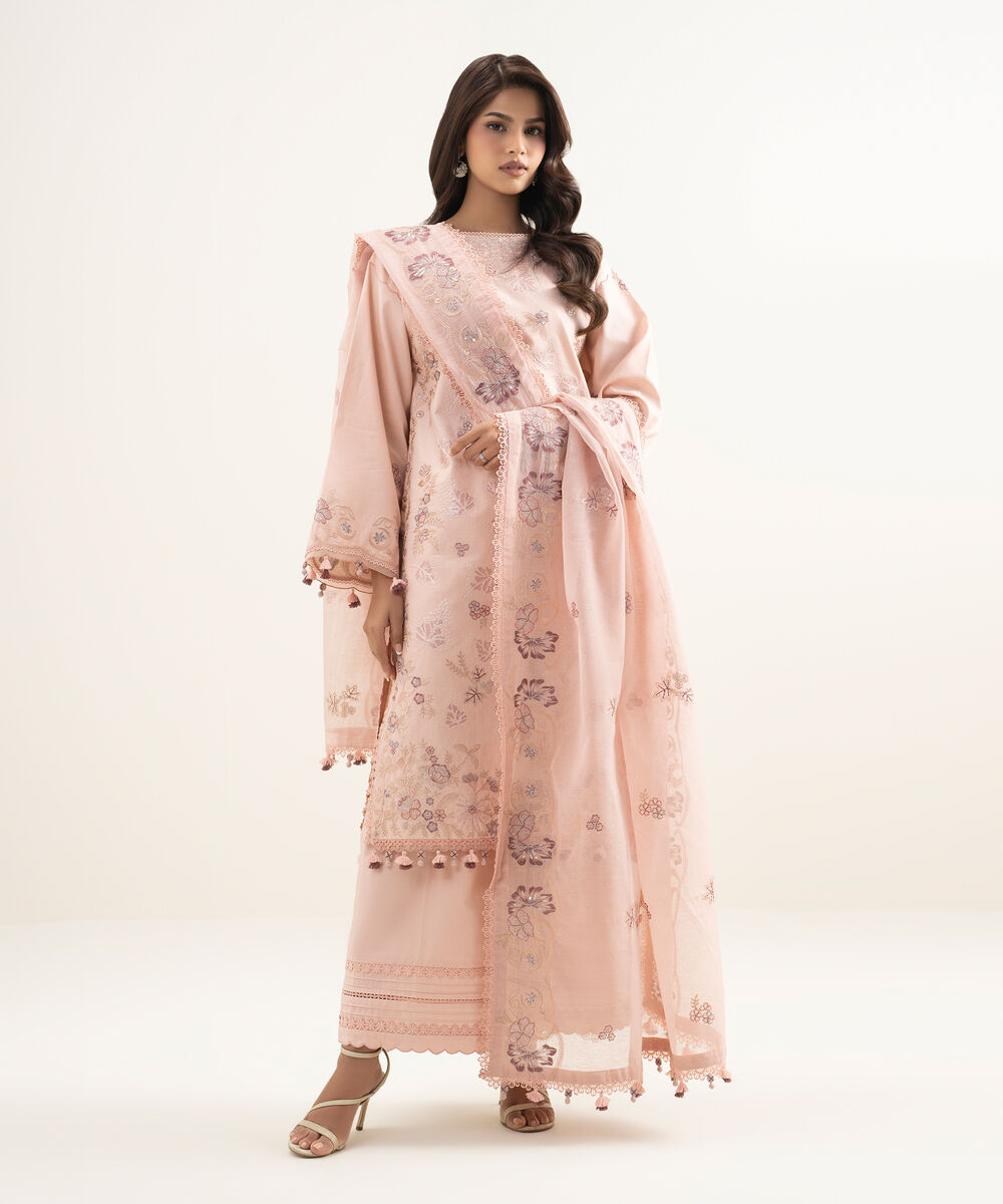 Women's Unstitched Lawn Embroidered Pink 3 Piece Suit