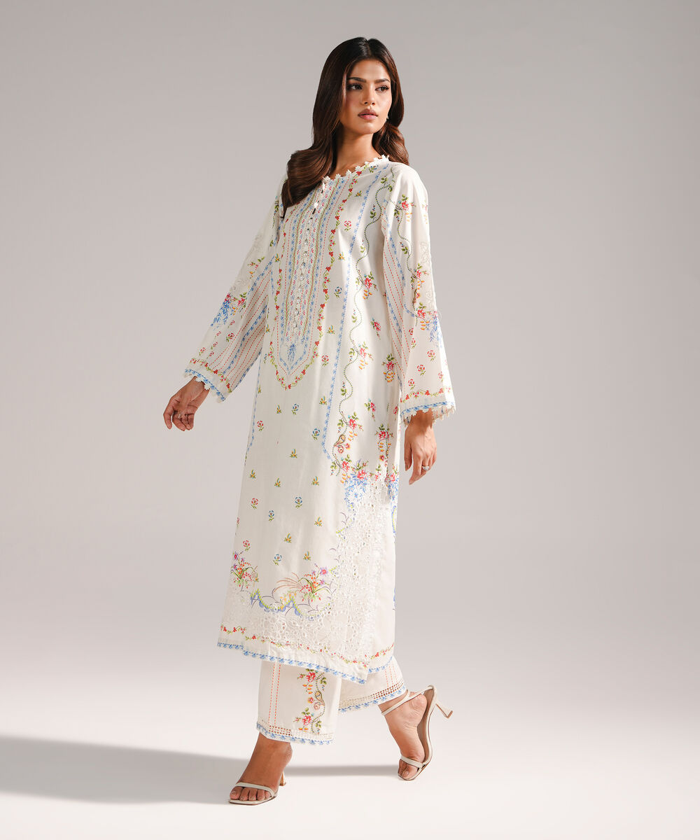 Women's RTW Lawn Embroidered White Straight Shirt