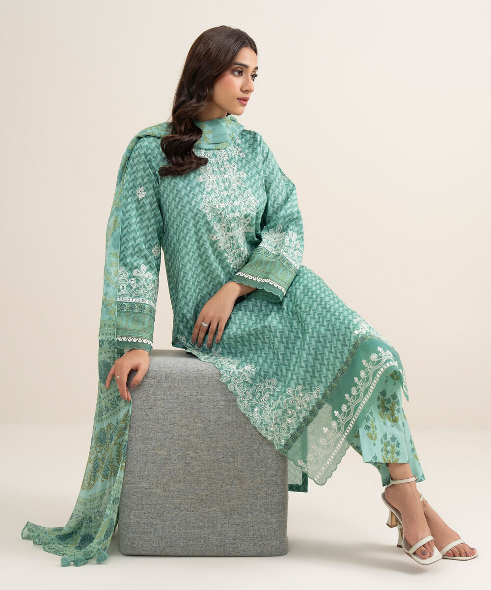 Women's Unstitched Lawn Embroidered Aqua Green 3 Piece Suit