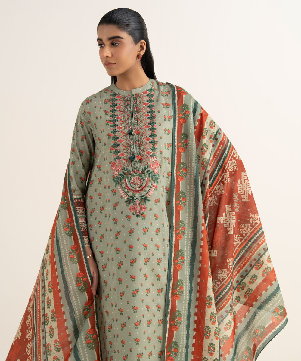 Women's Unstitched Textured Lawn Embroidered Multi 3 Piece Suit