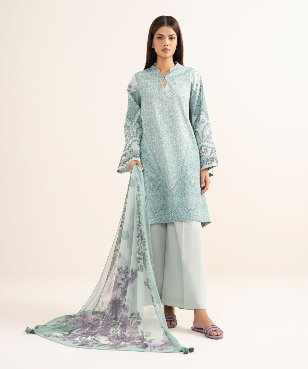 Women's Unstitched Lawn Printed Blue 3 Piece Suit