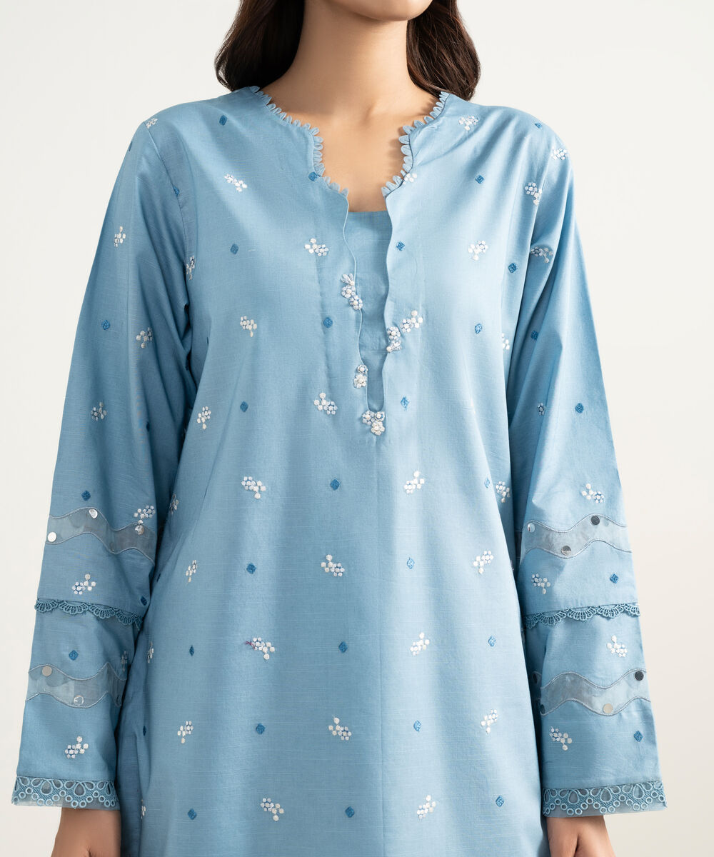 Women's Unstitched Textured Lawn Embroidered Blue 3 Piece Suit