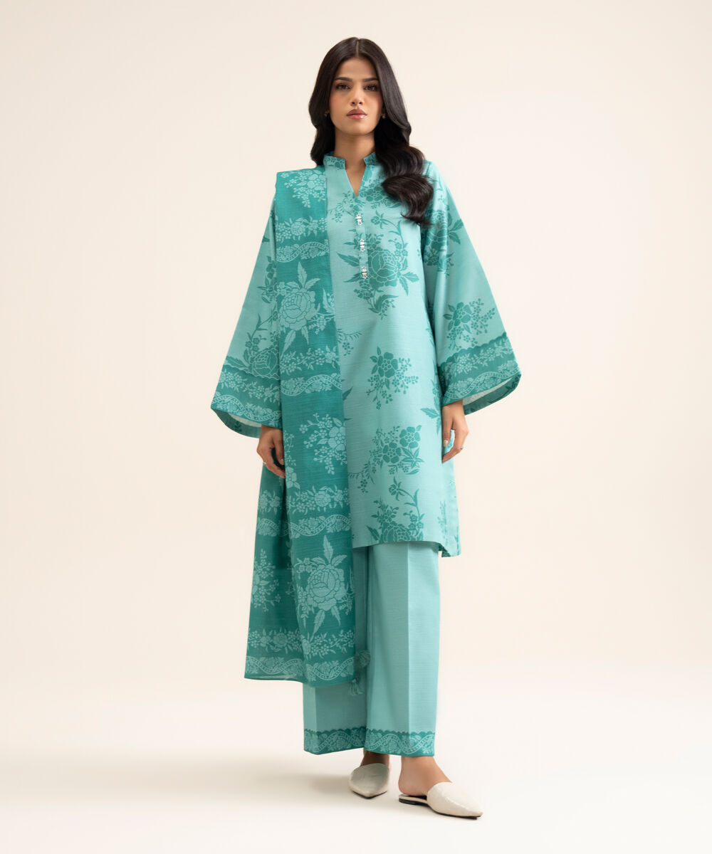 Women's Unstitched Light Khaddar Printed Blue 3 Piece Suit