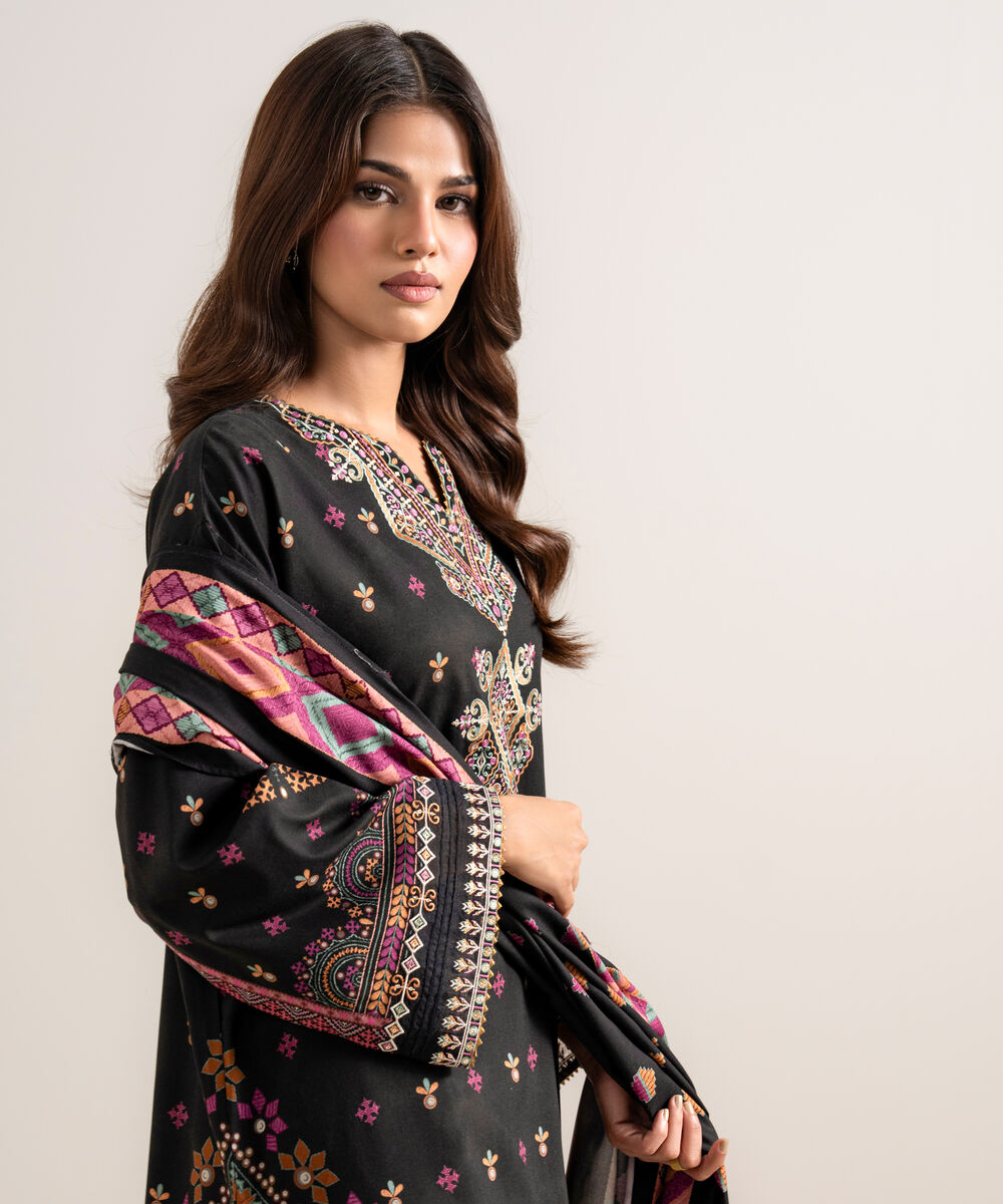 Women's Unstitched Embroidered Linen Black 3 Piece Suit