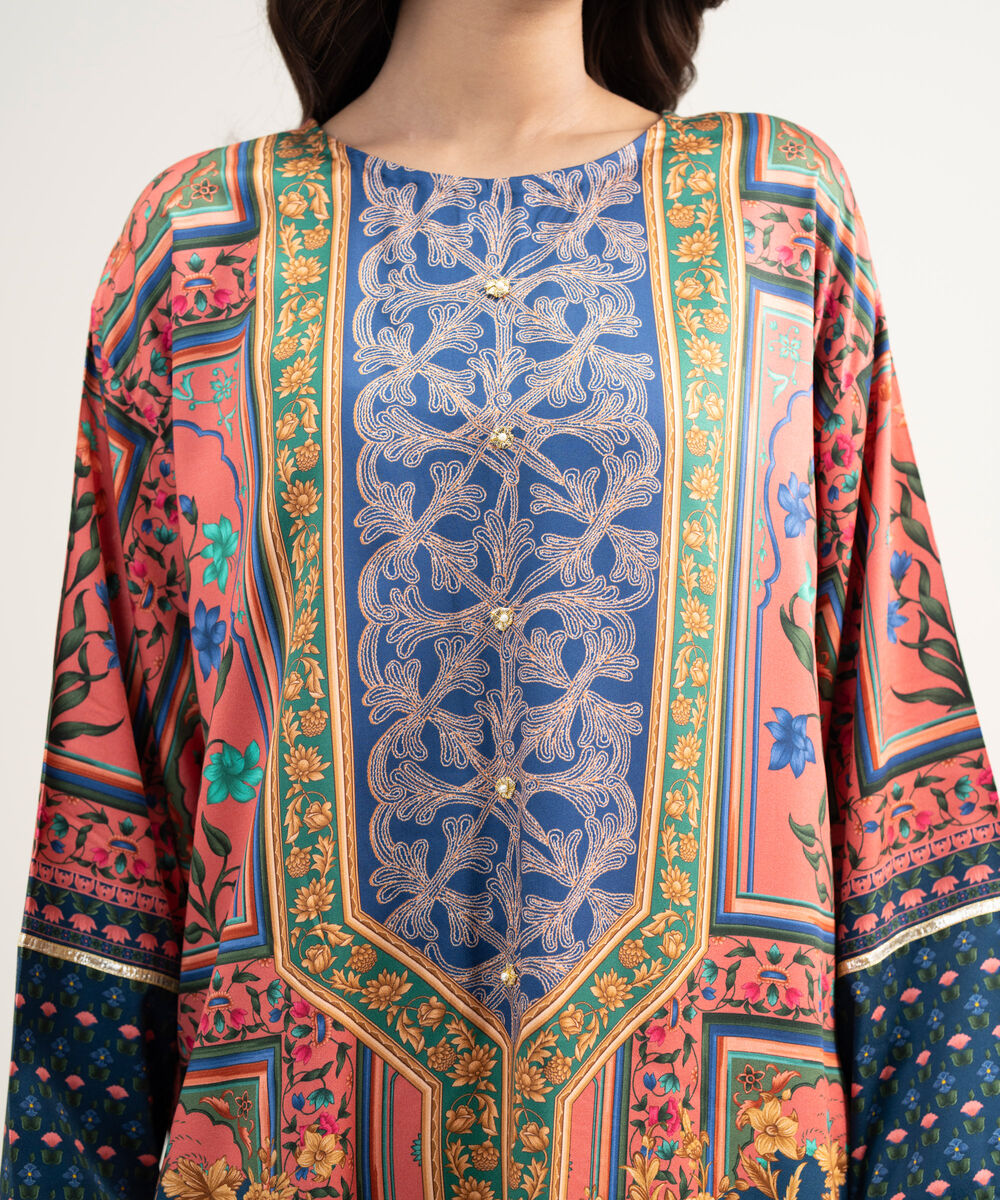 Women's RTW Premium Visocose Satin Printed Pink Drop Shoulder Shirt