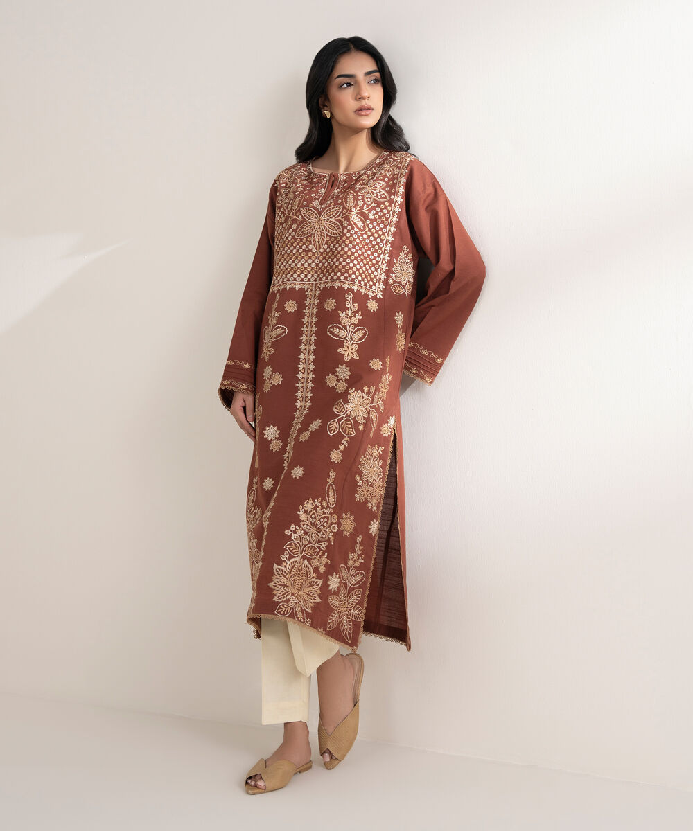 Women's RTW Light Khaddar Embroidered Rust A-Line Shirt