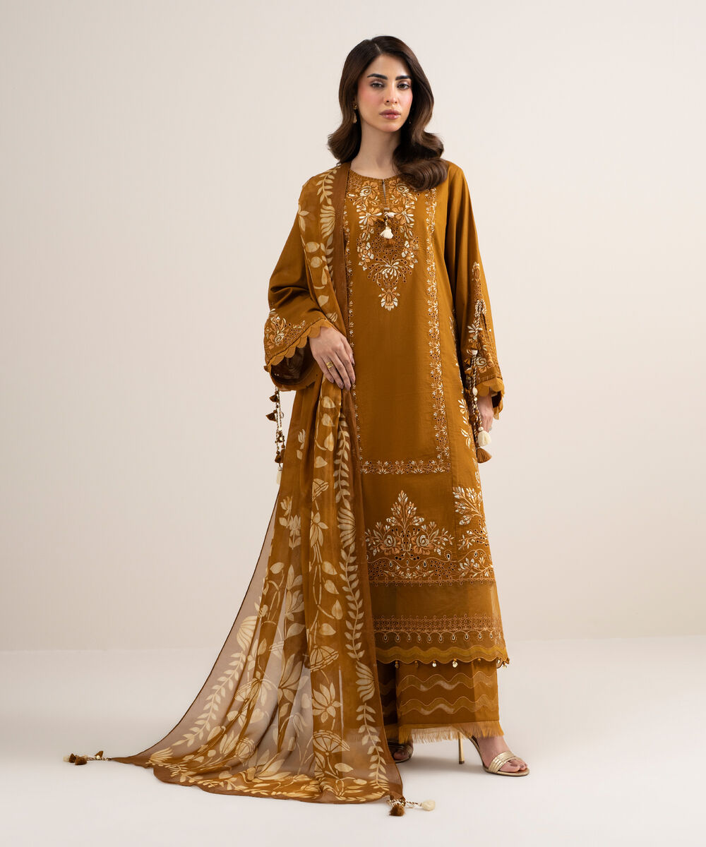 Women's Unstitched Textured Lawn Embroidered Brown 3 Piece Suit