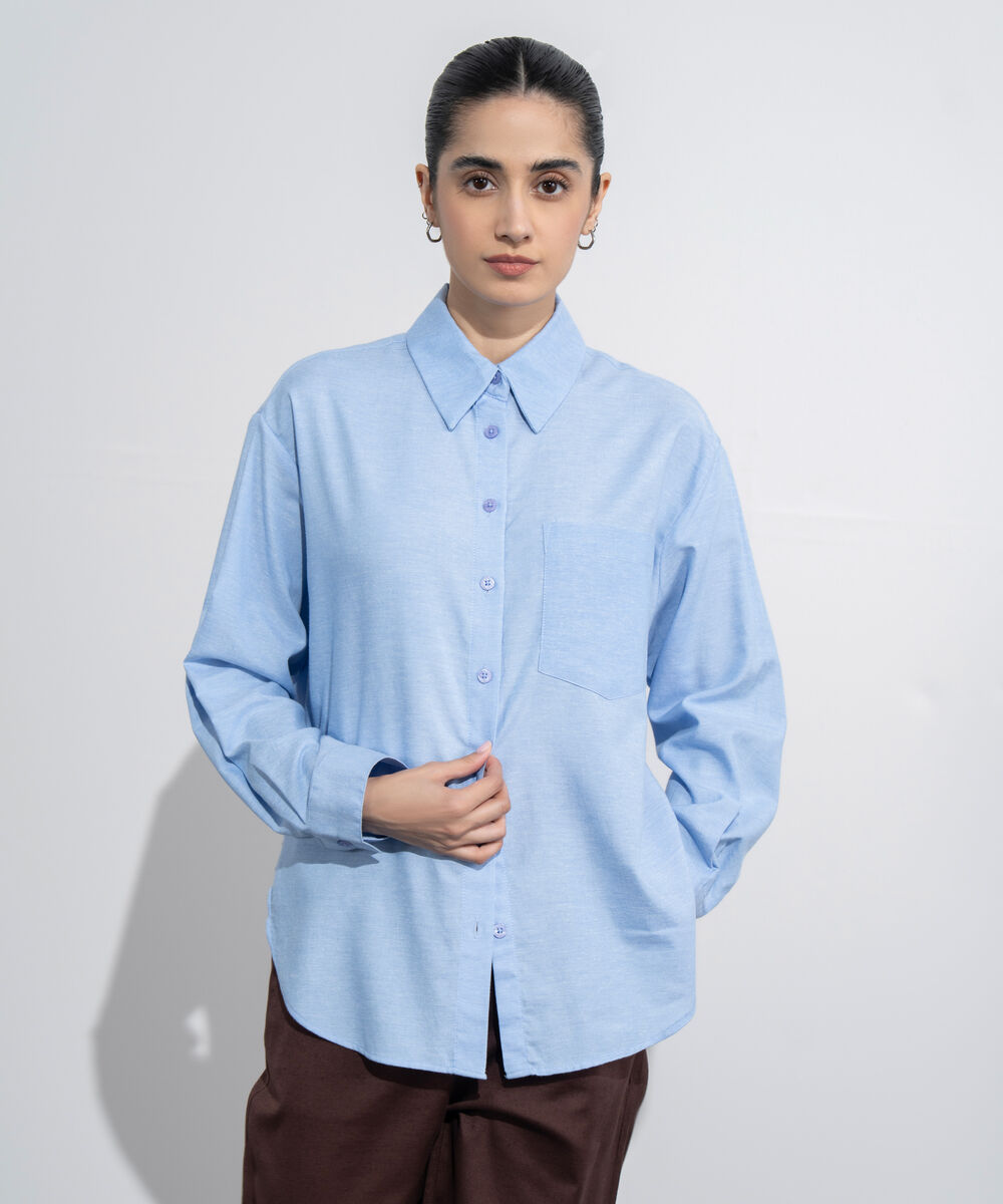 Women's Western Wear Blue Loose-Fit Oxford Shirt