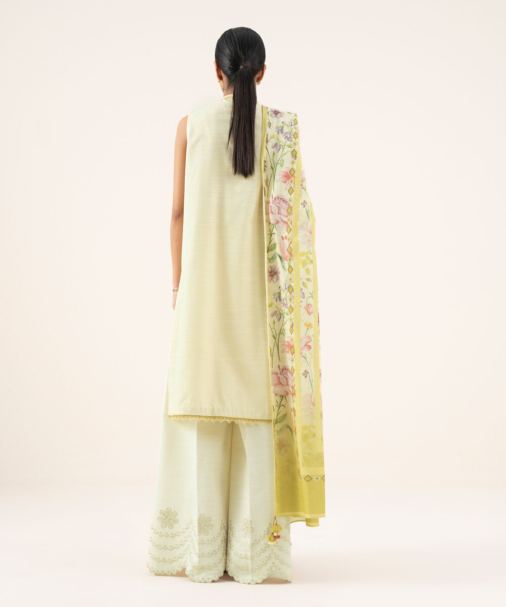 Women's Unstitched Cotton Embroidered Yellow 2 Piece Suit