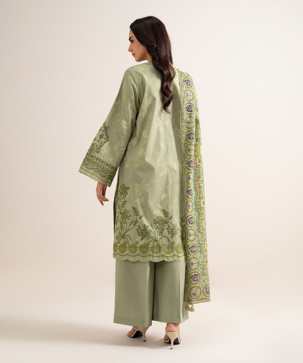 Women's Unstitched Embroidered Cotton Moss Green 3 Piece Suit