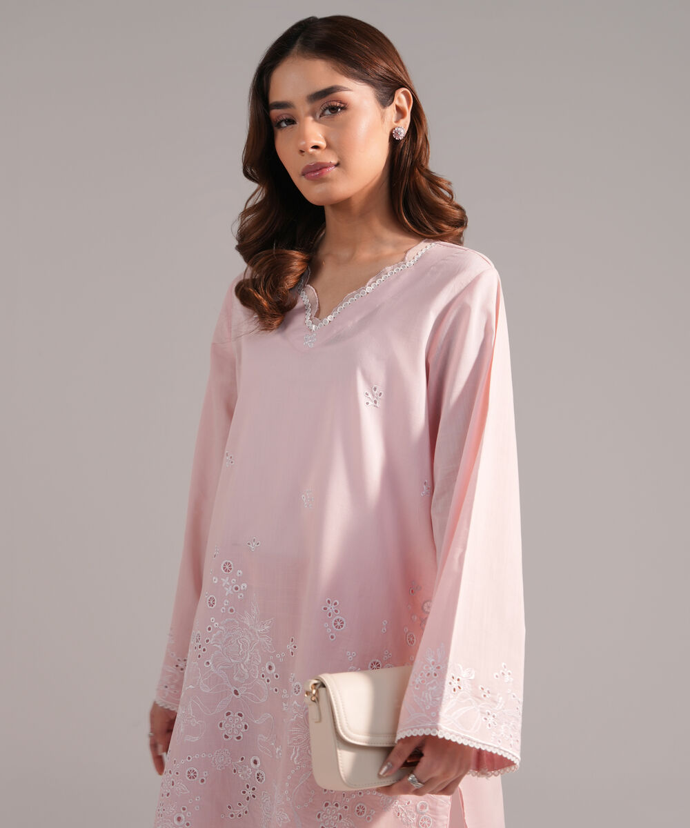 Women's RTW Crosshatch Embroidered Pink Straight Shirt