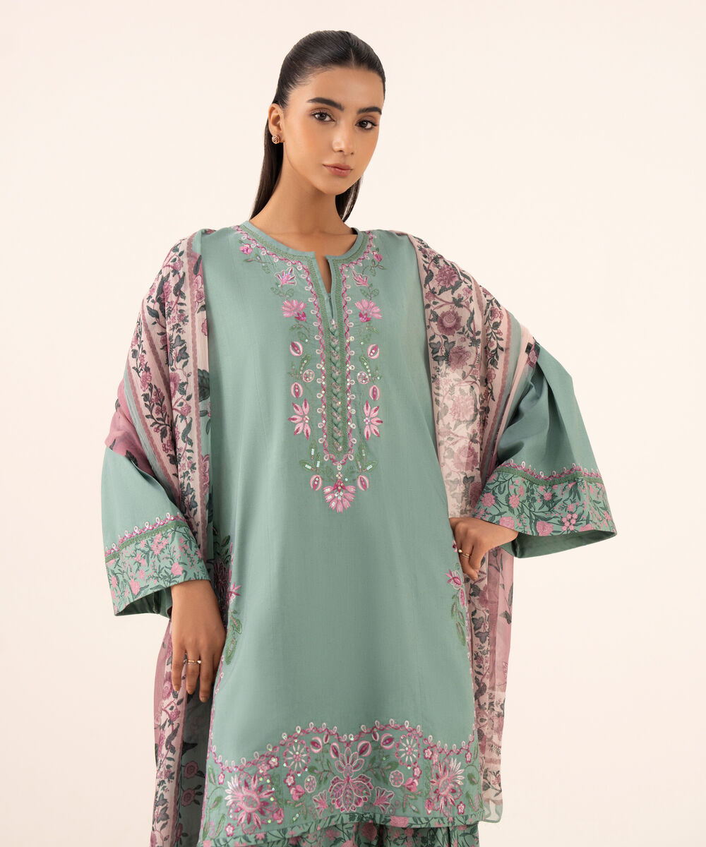 Women's Unstitched Cotton Viscose Embroidered Green 3 Piece Suit