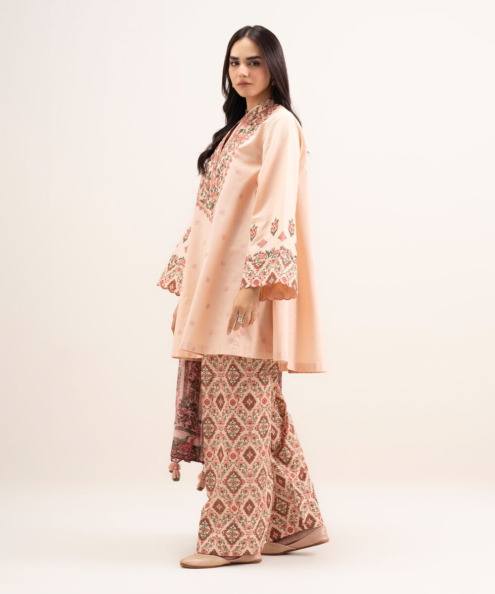 Women's Unstitched Textured Lawn Embroidered Pink 3 Piece Suit