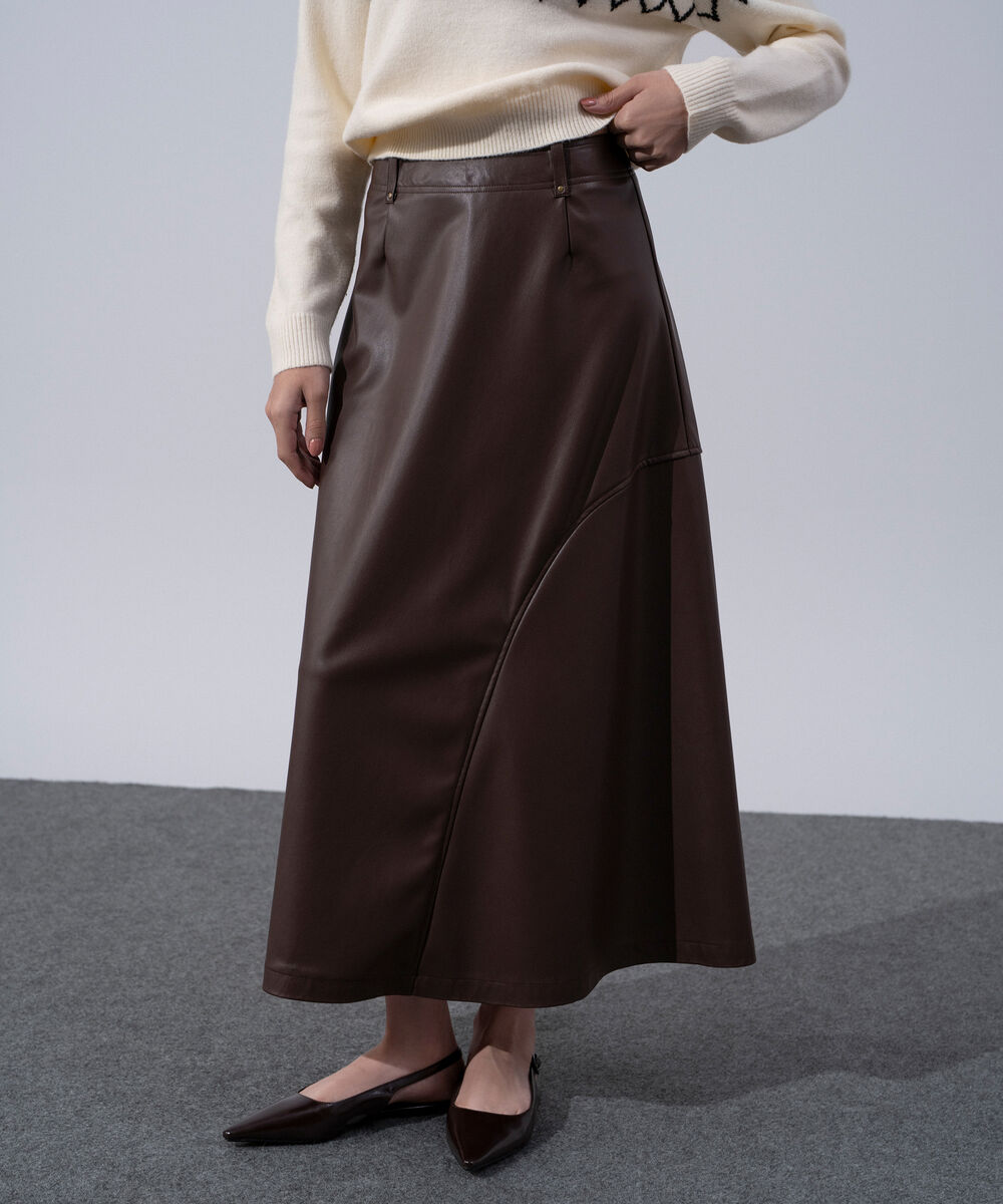 Women's Western Wear Brown Polyester Faux Leather Flared Skirt