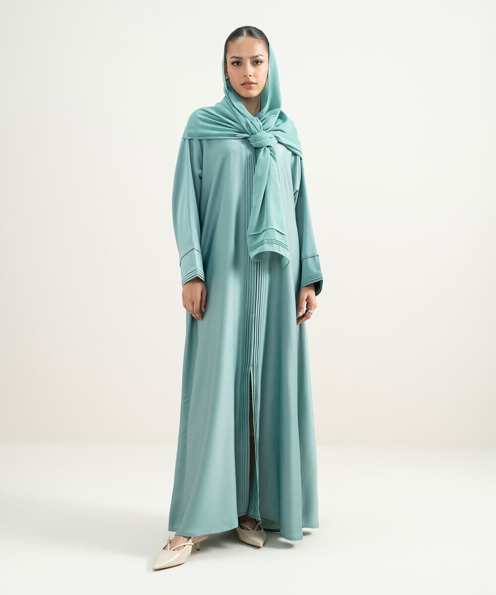 Women's Light Blue Pleated Button Through Abaya Set