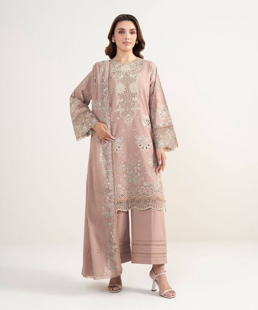 Women's Unstitched Lawn Embroidered Beige 3 Piece Suit