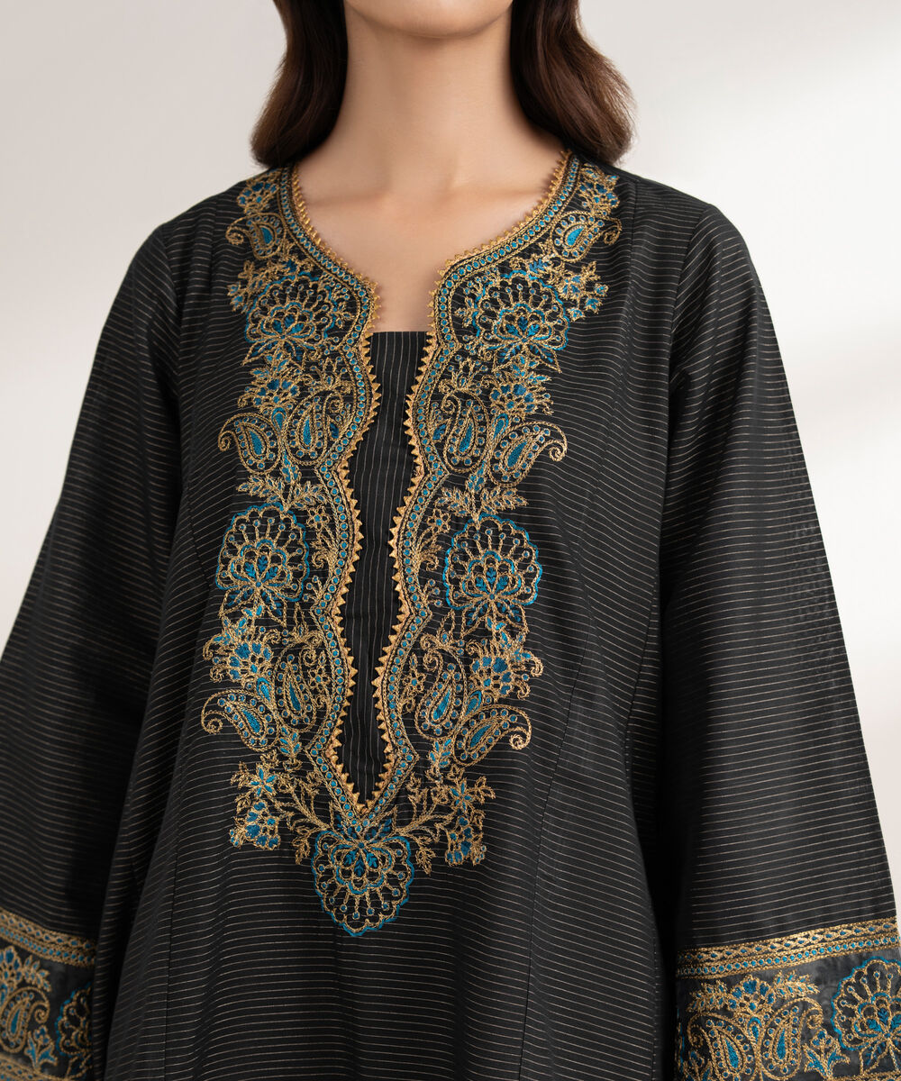 Women's RTW Zari Cotton Embroidered A-Line Black Shirt