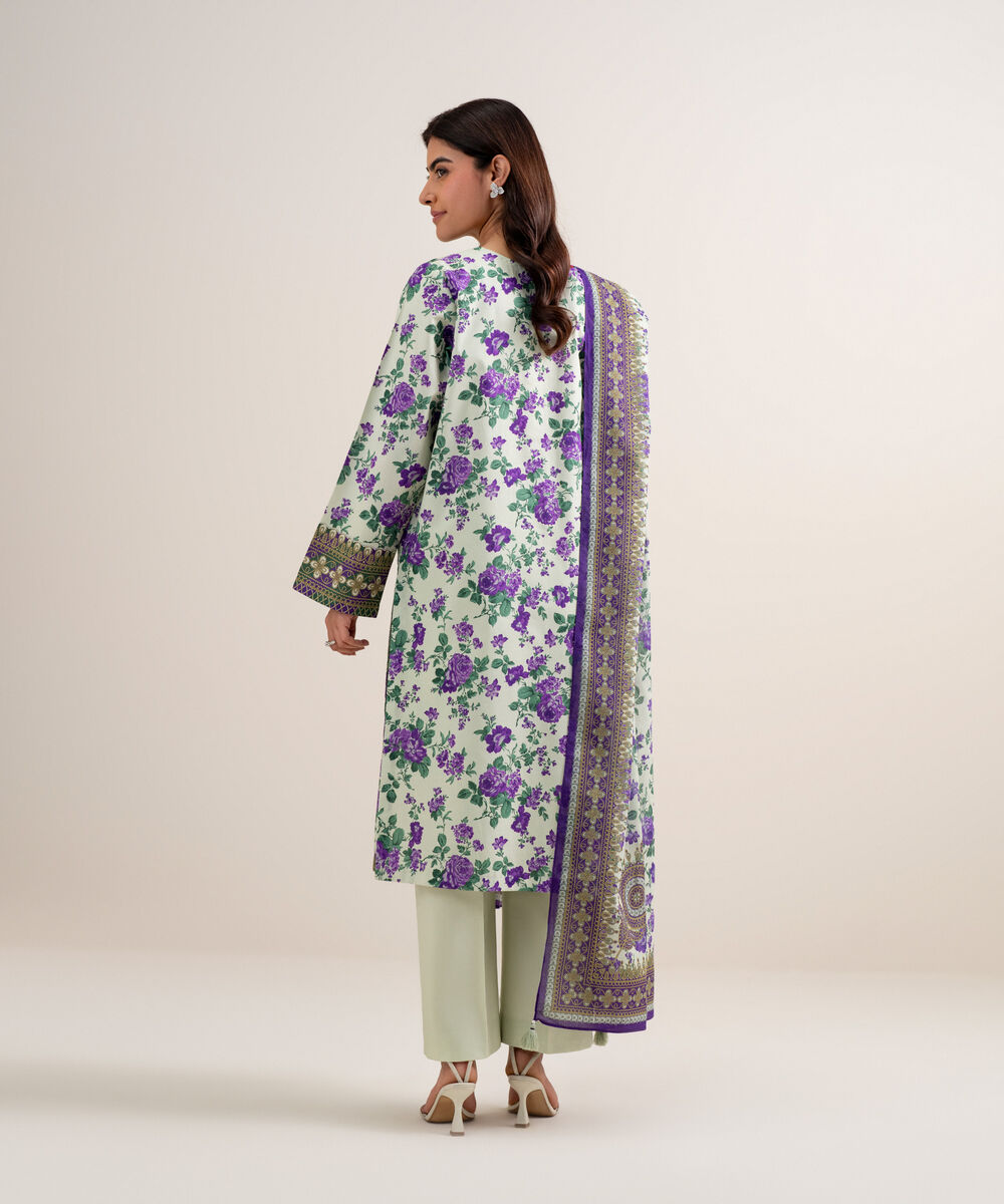 Women's Unstitched Lawn Embroidered Off White and Purple 3 Piece Suit