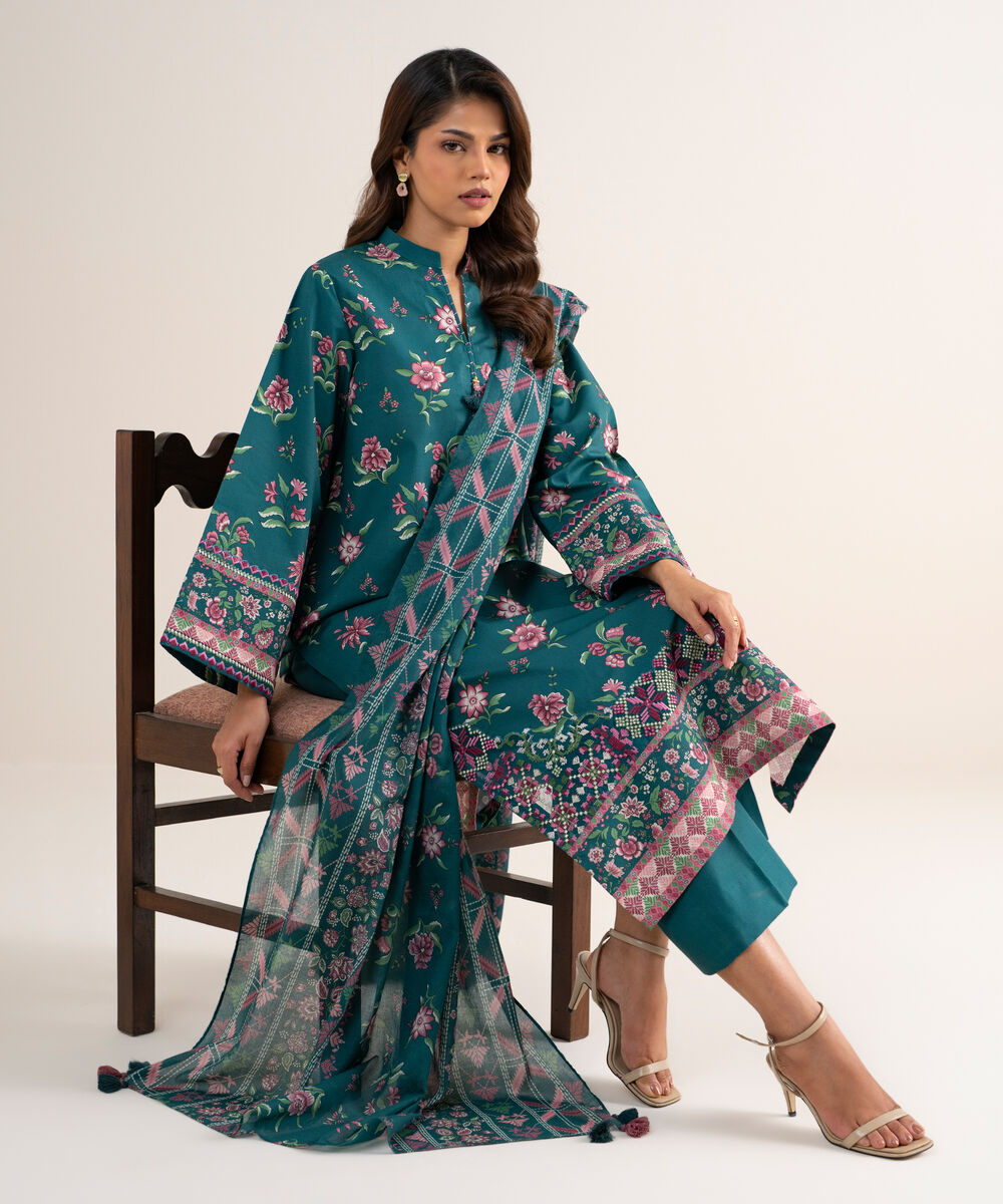 Women's Unstitched Cotton Embroidered Green 3 Piece Suit