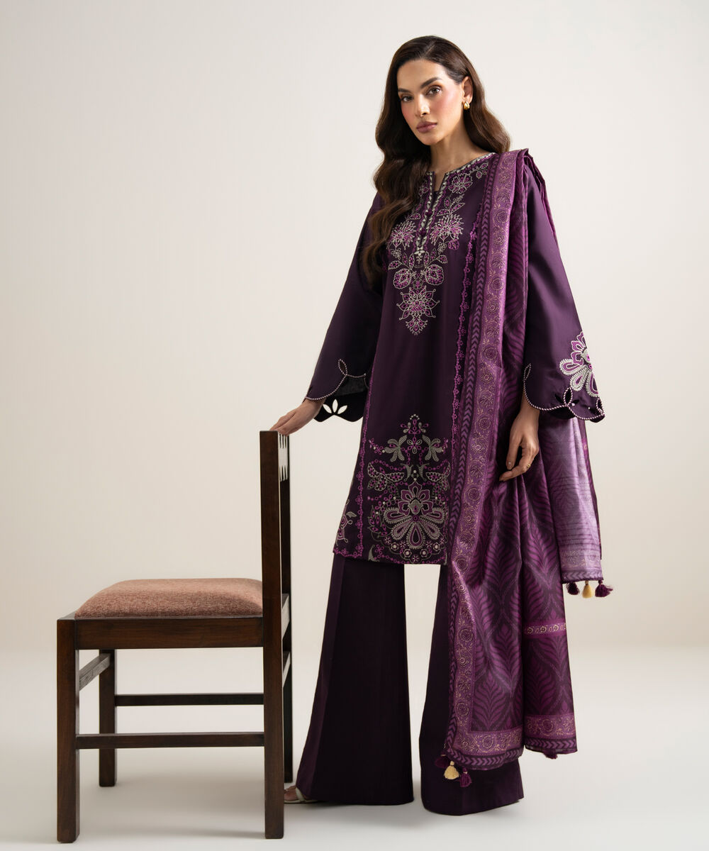 Women's Unstitched Textured Lawn Embroidered Deep Purple 3 Piece Suit