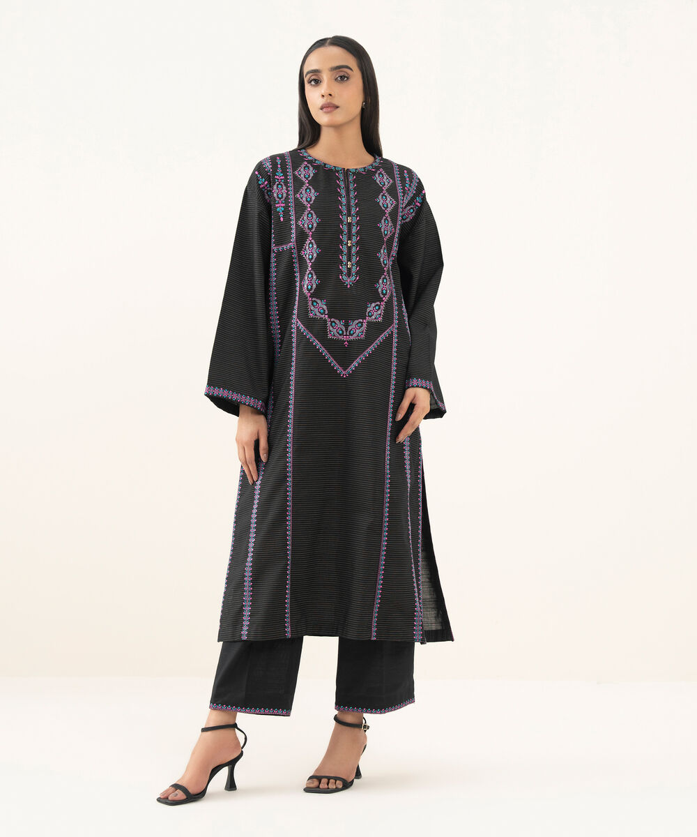 Women's RTW Light Khaddar Embroidered A-Line Black Shirt