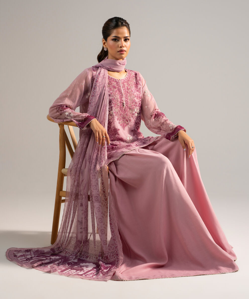 Women's RTW Chiffon Embroidered Pink 3 Piece Suit