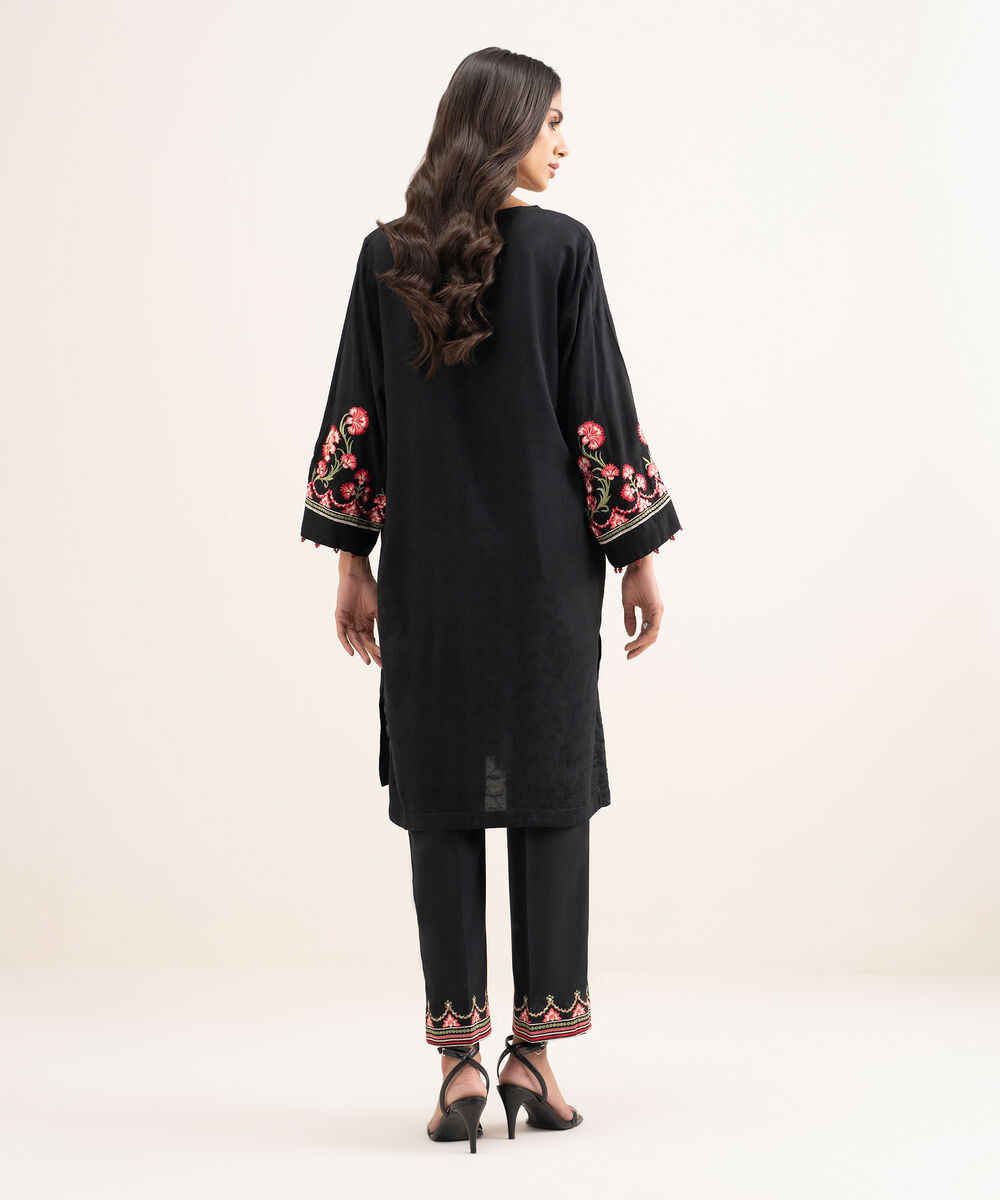 Women's RTW Arabic Self Jacquard Embroidered Black Straight Shirt
