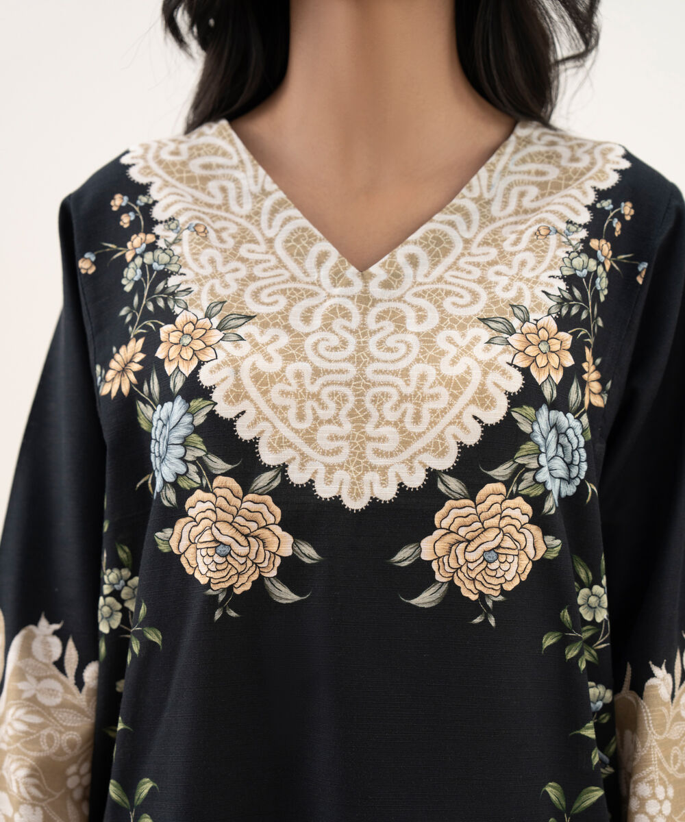 Women's RTW Khaddar Printed A-Line Black Shirt