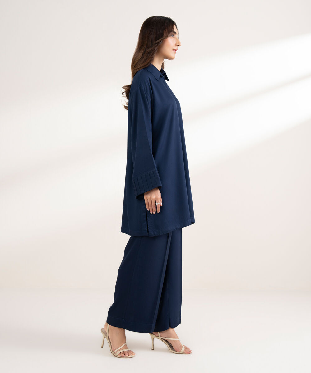 Women's RTW Bedford Solid Drop Shoulder Blue Shirt