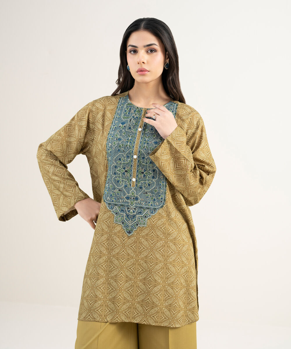 Women's RTW Arabic Cambric Embroidered Olive Green Straight Shirt