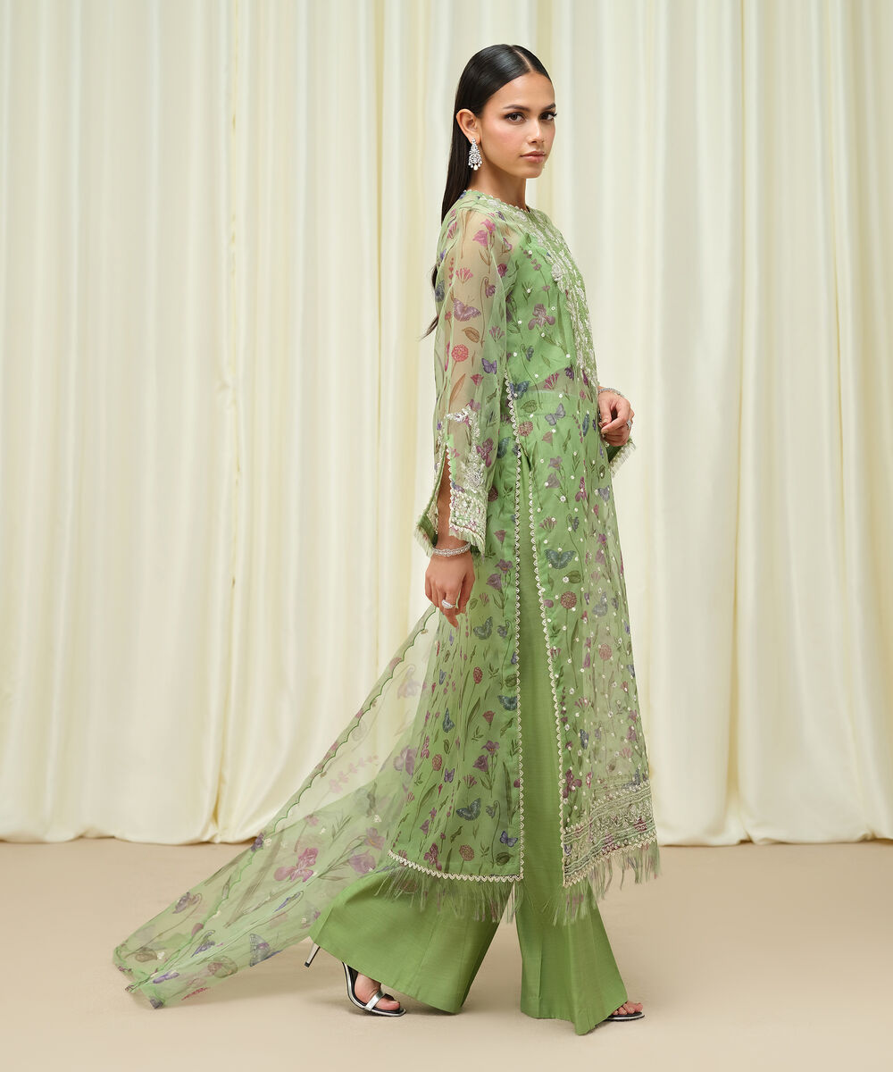 Women's Unstitched Blended Organza Embroidered Green 3 Piece Suit