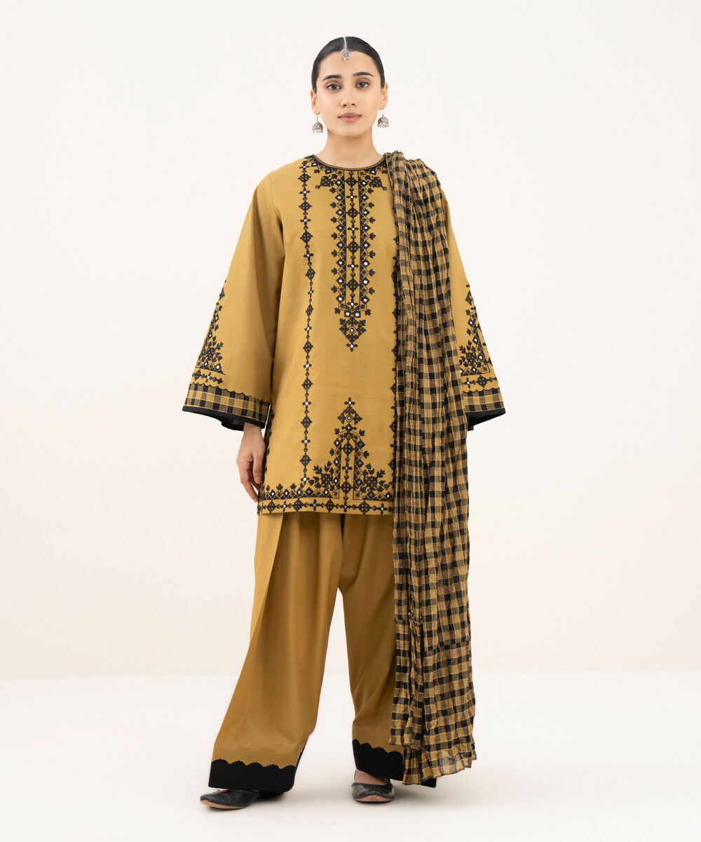 Women's Unstitched Cotton Embroidered Yellow 3 Piece Suit