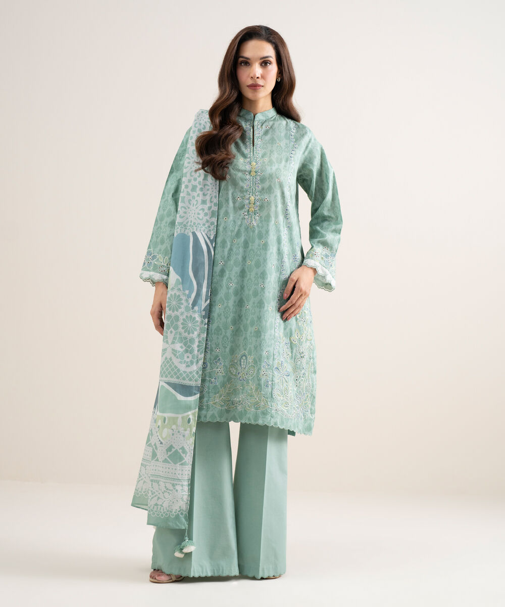 Women's Unstitched Lawn Embroidered Light Aqua 3 Piece Suit