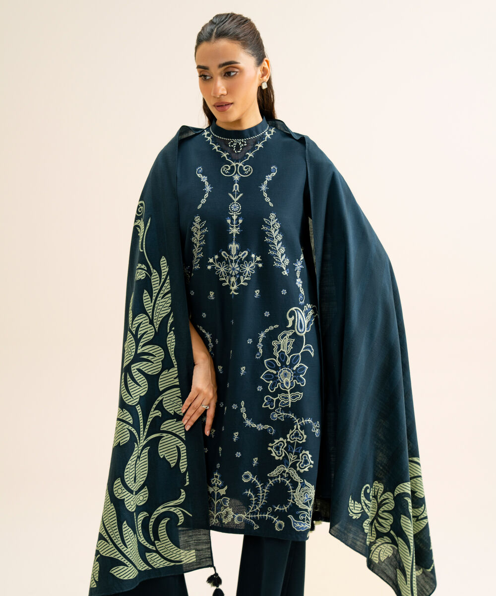 Women's Unstitched Light Khaddar Embroidered Dark Blue 3 Piece Suit