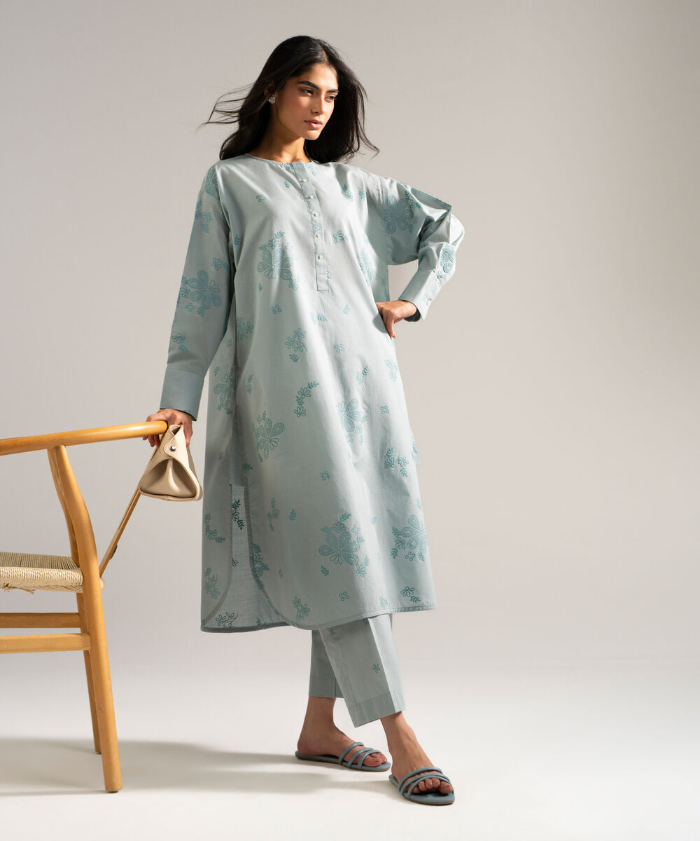 Women's RTW Slub Lawn Printed Blue 2 Piece Suit
